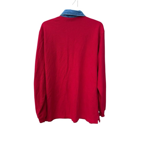 LANDS END Shirt Men Large Rugby Polo Denim Collar Long Sleeve Pique Red #V4-5 - Picture 8 of 9